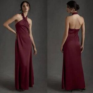 NWT Anthropologie BHLDN Halter Satin Burgundy Formal Wedding Maxi Party Dress 0